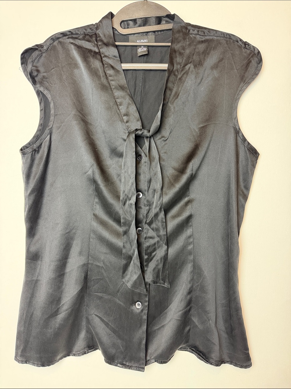 Black 100% Silk Tie Neck Blouse 90s Minimalist Office Siren Corporate Chic